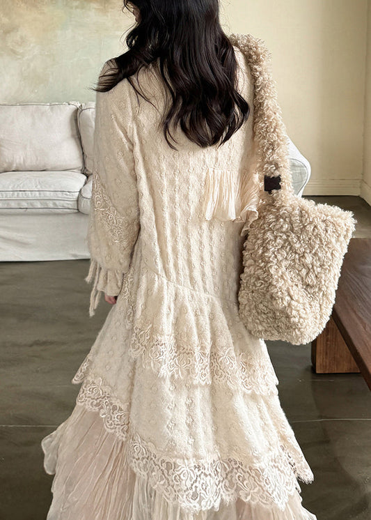 Khaki V Neck Asymmetrical Patchwork Lace Dress Spring