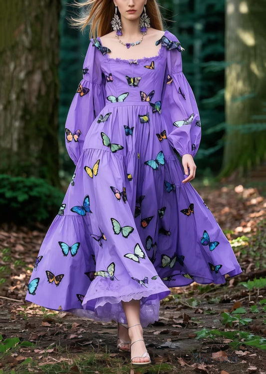 Purple Butterfly Exra Large Hem Cotton Holiday Dress Spring