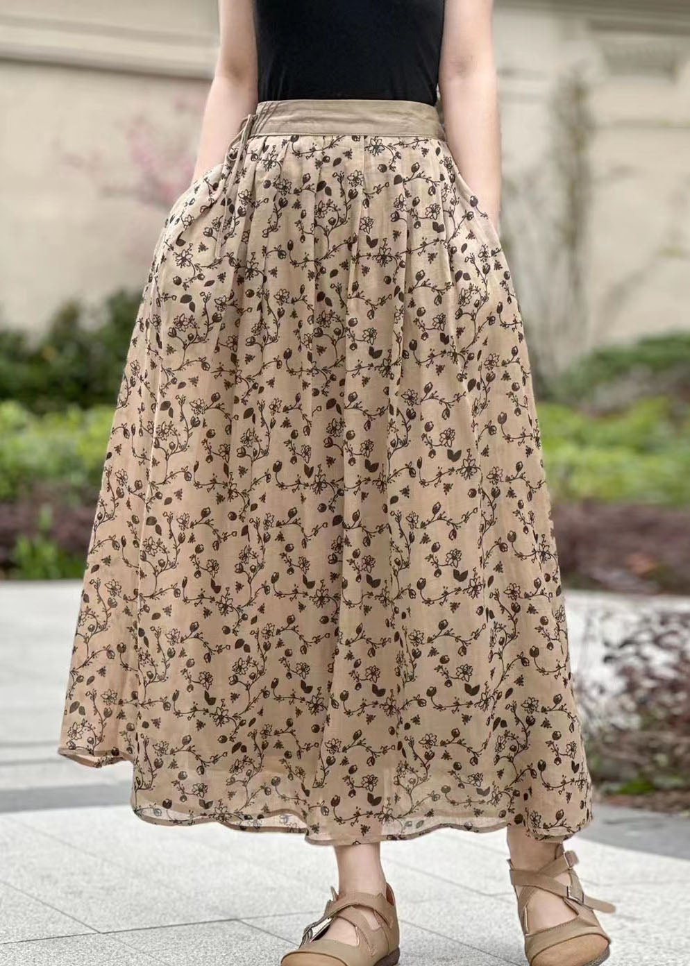 Pink Wrinkled Pockets Print Patchwork Linen Skirts Summer