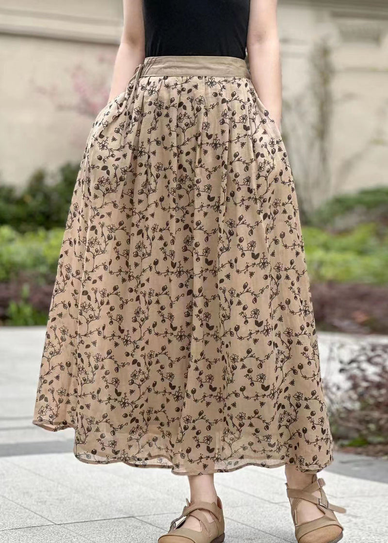 Pink Wrinkled Pockets Print Patchwork Linen Skirts Summer