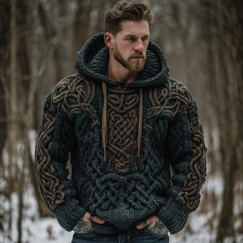 Men's Viking Celtic Knot Jacquard Knitted Hooded Sweater artswardrobe