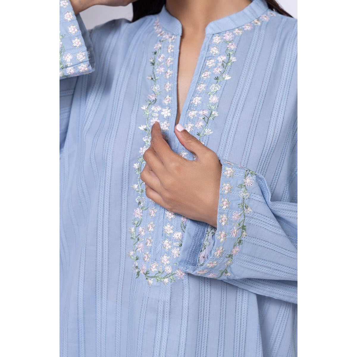 Women's Vintage Floral Embroidery Stripe Art Linen Casual V Neck Shirt elevenforest