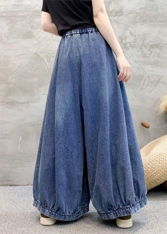 Blue Embroidered Elastic Waist Denim Wide Leg Pants Spring