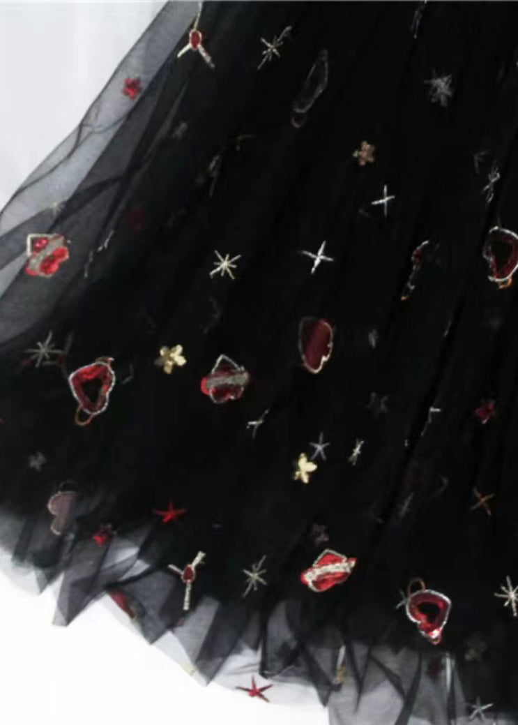 Black Print High Waist Exra Large Hem Tulle Skirts Spring