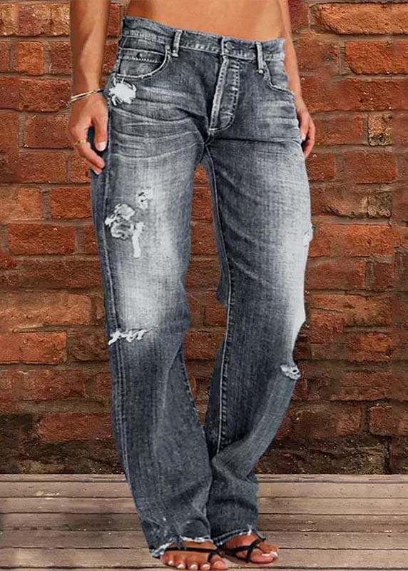 Navy Oversized Washed Denim Ripped Pants Summer