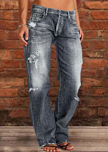 Navy Oversized Washed Denim Ripped Pants Summer