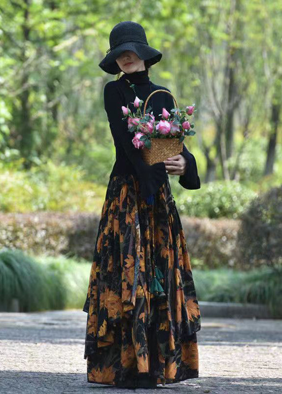 Print Elastic Waist Asymmetrical Cotton Skirts Spring