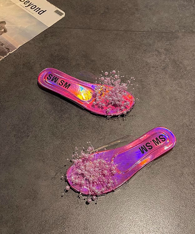 White Nail Bead Splicing Clear Slide Sandals