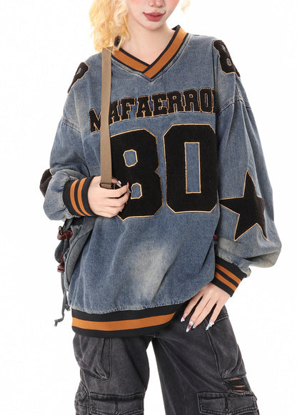 Stylish Blue Oversized Letter Applique Denim Sweatshirts Top Spring