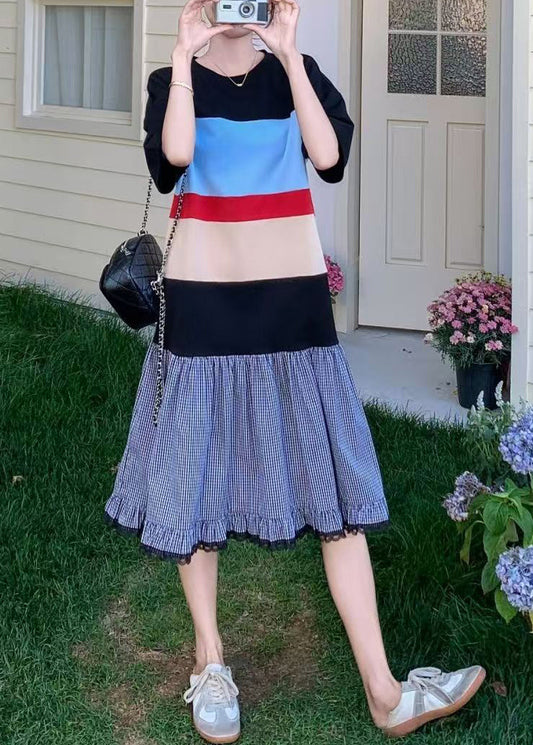 Mixed Color Oversized Patchwork Cotton Long Dress Summer