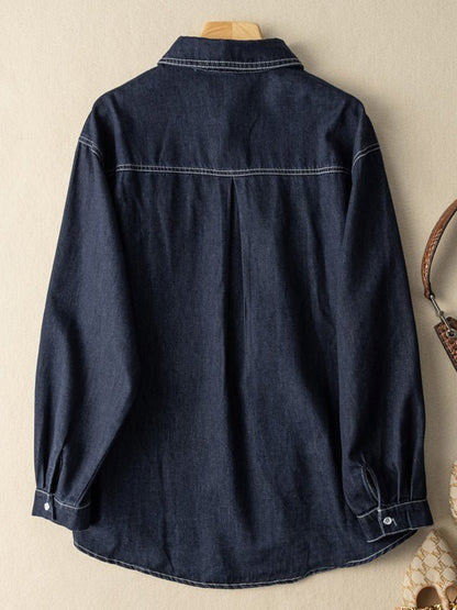 Denim Retro Loose Versatile Shirt in Navy With Pockets