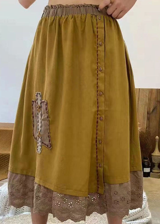 Yellow Embroideried Hollow Out Cotton Skirt Spring