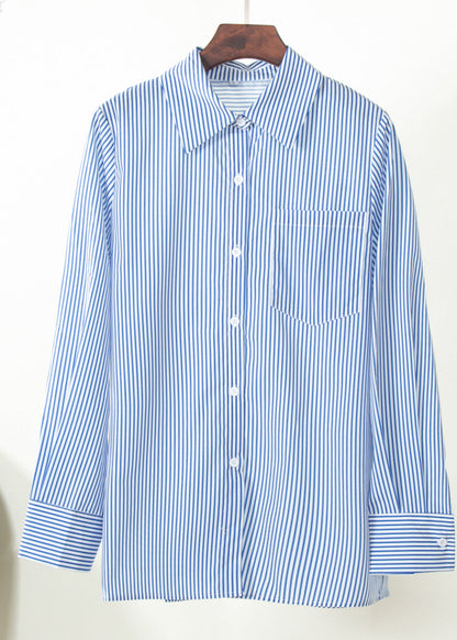Italian Blue Peter Pan Collar Striped Cotton Shirts Top Fall