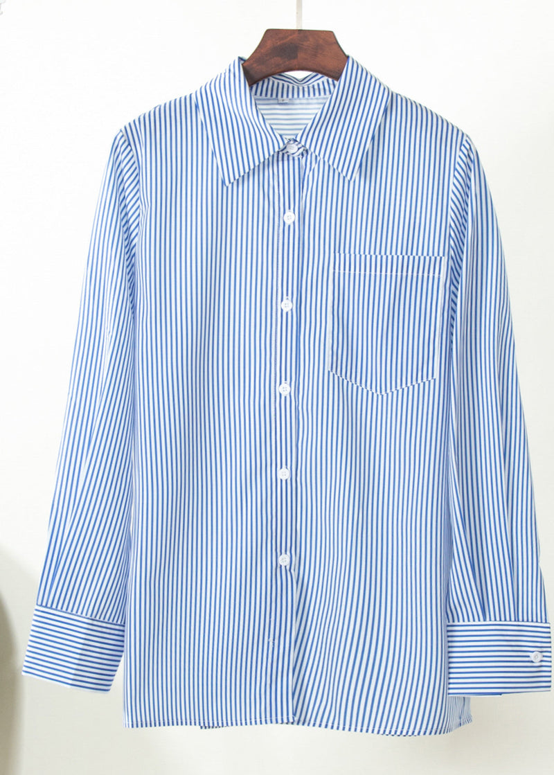 Italian Blue Peter Pan Collar Striped Cotton Shirts Top Fall