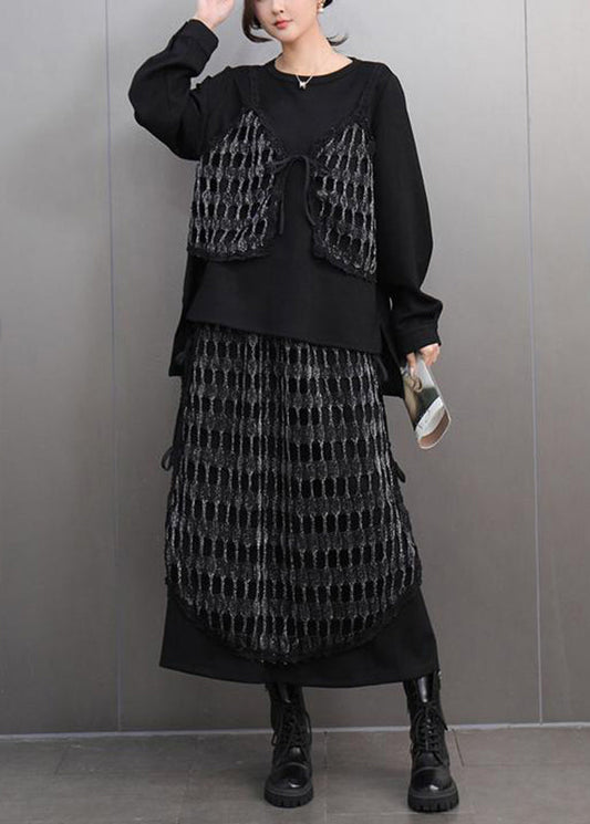 Unique Black O-neck Plaid Patchwork Top and Maxi Skirts Two Piece Set Spring