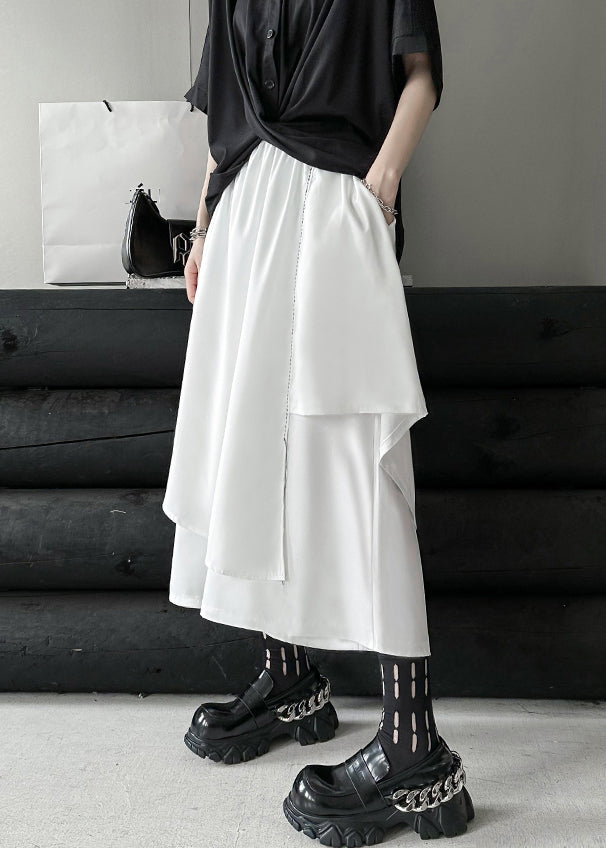 White Asymmetrical Elastic Waist Patchwork Cotton Pants Skirt Fall