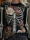 Halloween Skeleton And Plant Flower Pattern Combined Design Women's Knitted Sweater artswardrobe