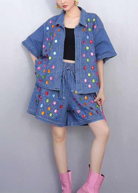 Rhinestone Denim Blue Shirts and Shorts Two Pieces Set Summer