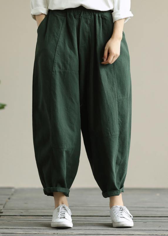 Literary Loose Green Color Wild Large Size Elastic Waist Nine-point Harem Pants