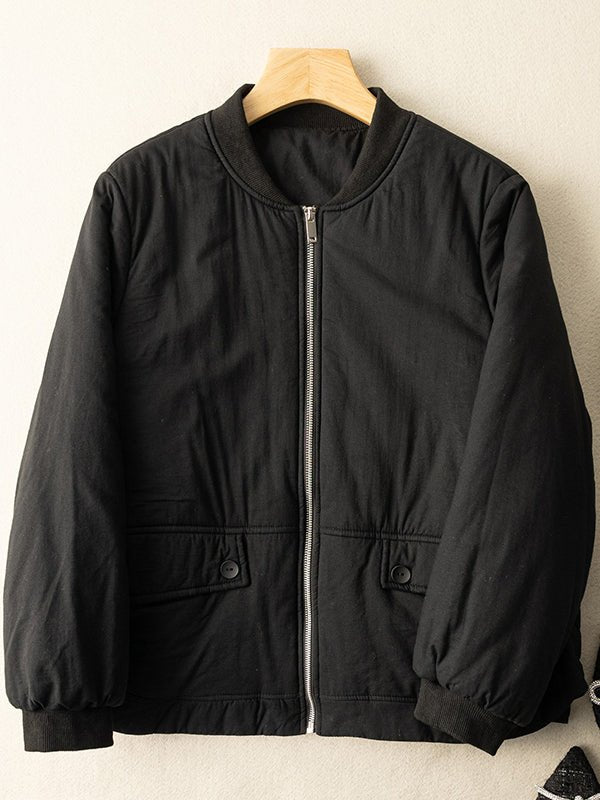 100% Natural Fabric Zipper Round Neck Long Sleeve Coat