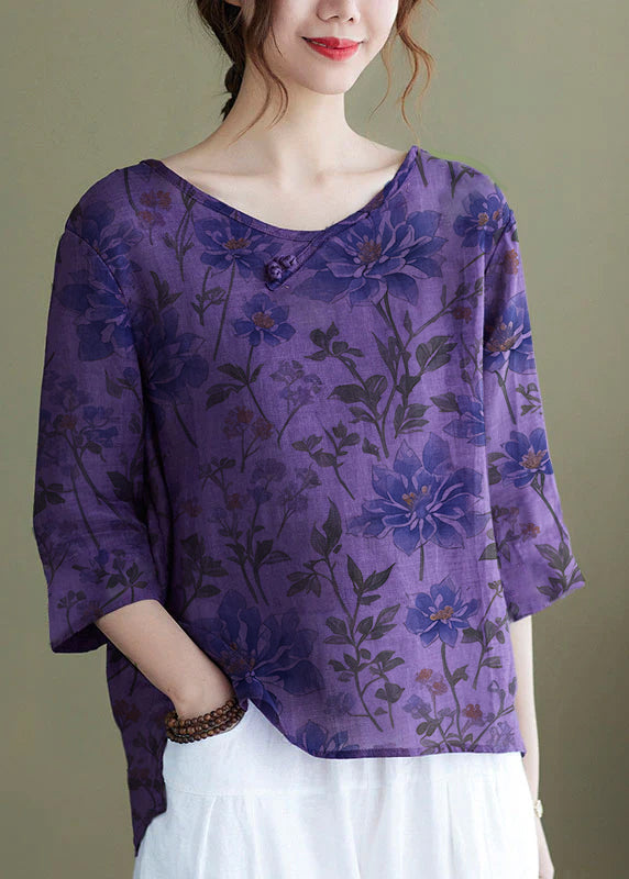 Diy Purple Embroidered Side Open Half Sleeve Top
