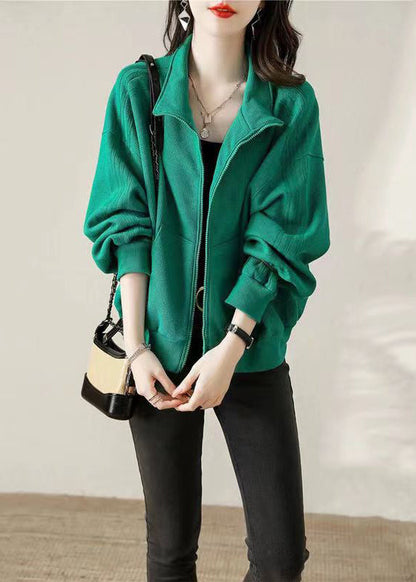 Khaki Zip Up Pockets Patchwork Cotton Coat Fall