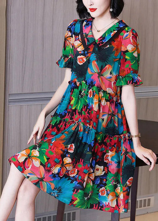 Peter Pan Collar Print Pockets Wrinkled Silk Mid Dresses Short Sleeve