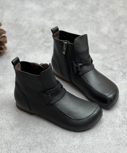 Handmade Cowhide Leather Boots Black Zippered Boots