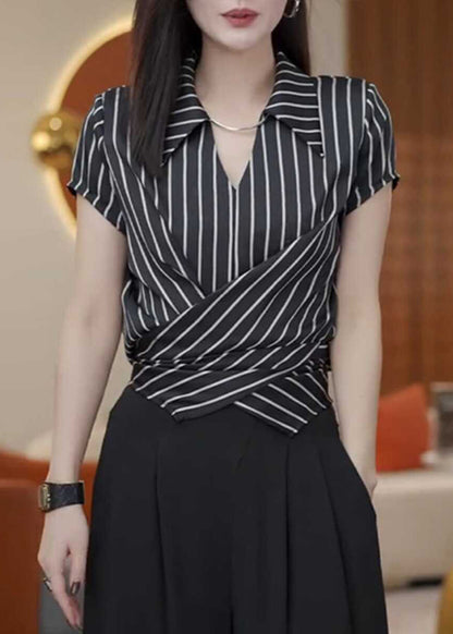 New Black Stripe Peter Pan Collar Chiffon Top Summer