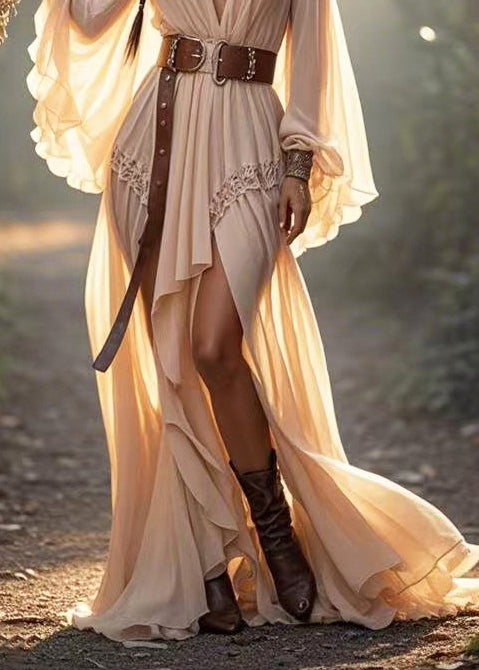 Apricot Asymmetrical Design Draping Vestidos Dress Flare Sleeve