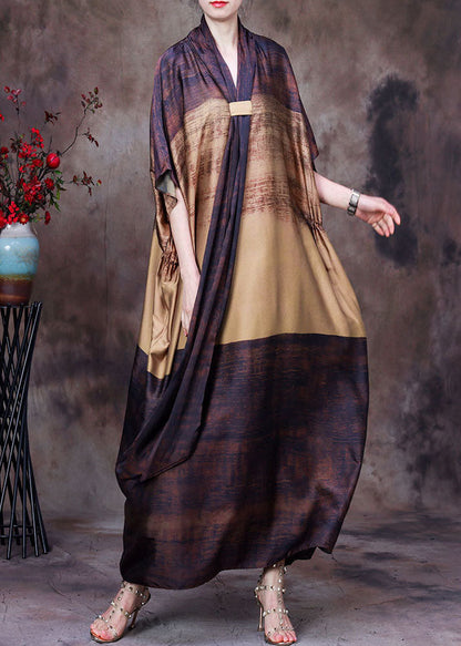 Yellow Coffee Bow Collar Print Silk Dress Batwing Sleeve