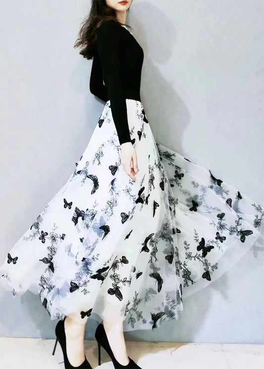 White Butterfly Embroideried Exra Large Hem Loose Tulle Skirt Spring