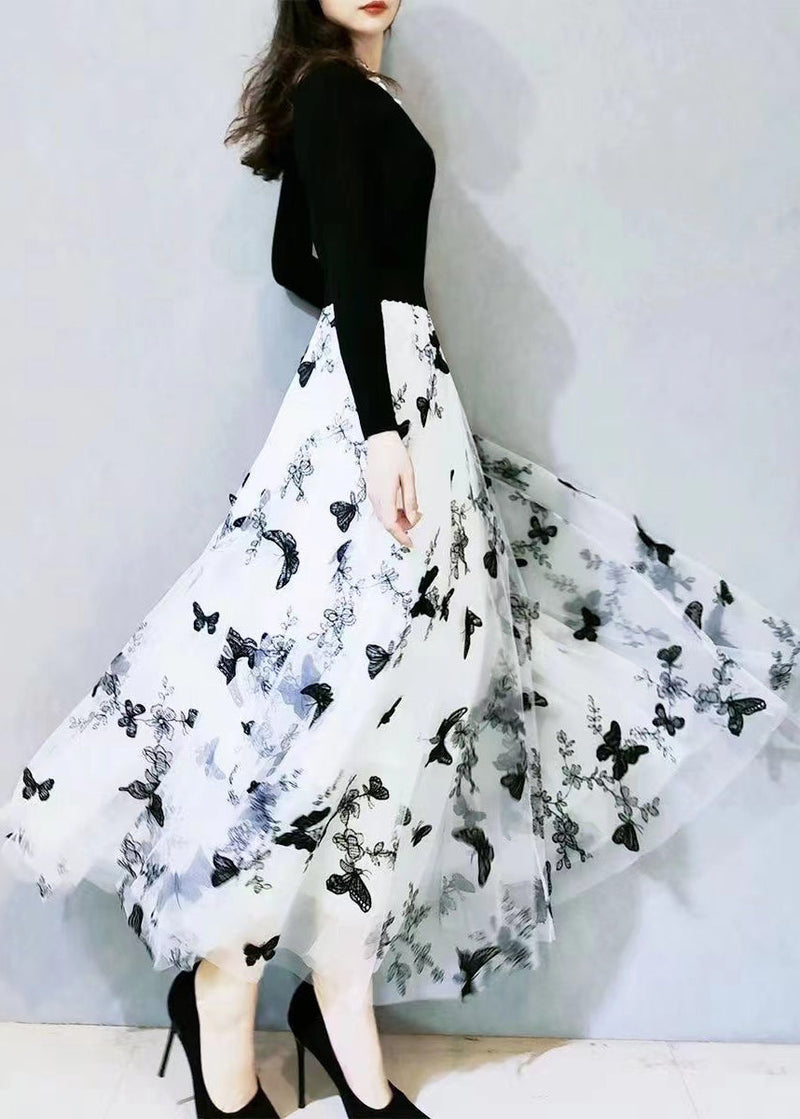 White Butterfly Embroideried Exra Large Hem Loose Tulle Skirt Spring