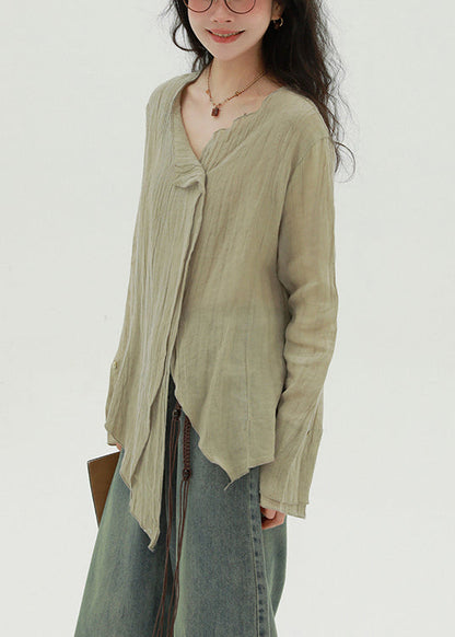 Khaki Button Linen Fall Blouse Asymmetrical