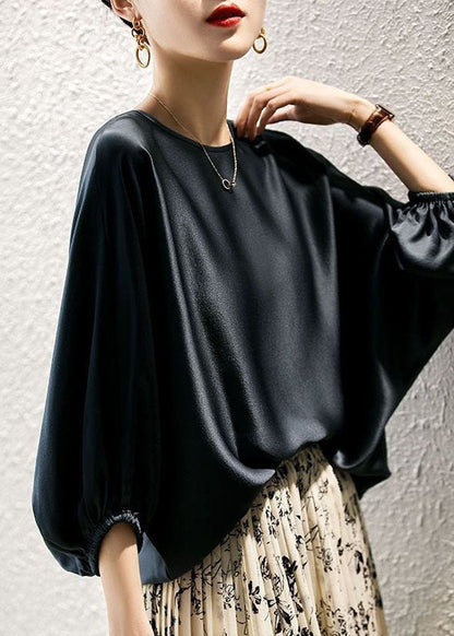 Navy O-neck Oversized Slid Silk Blouse Top Batwing Sleeve