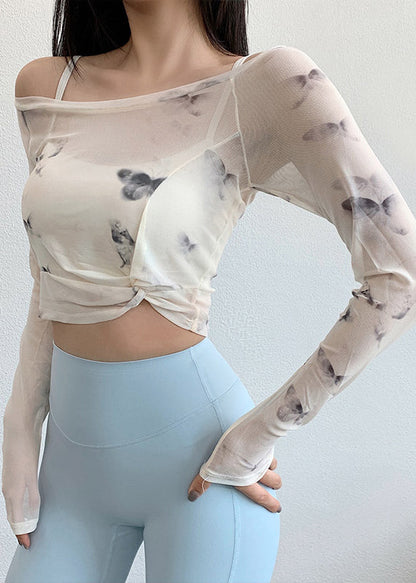 White Print Wrinkled Tulle Fitting Workout Tops