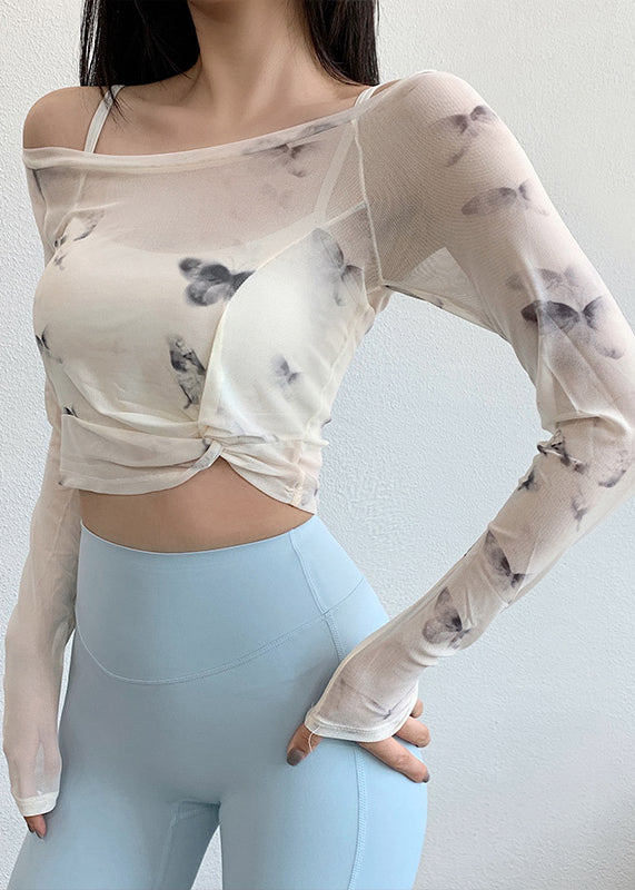 White Print Wrinkled Tulle Fitting Workout Tops