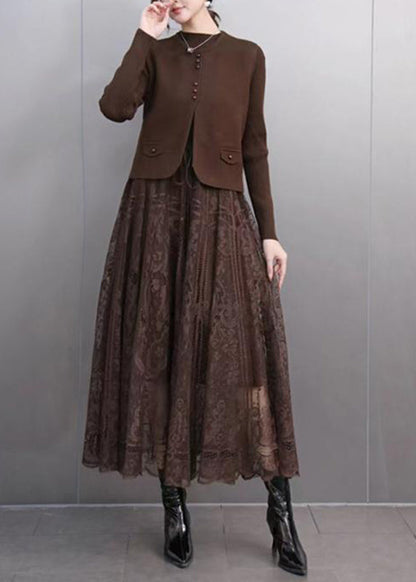 Coffee O-neck Waistcoat and Lace Maxi Skirts Two Pieces Set Spring