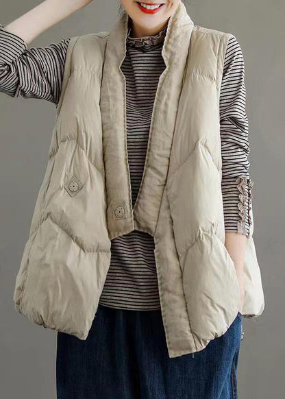 Khaki V Neck Pockets Drawstring Duck Down Waistcoat Sleeveless