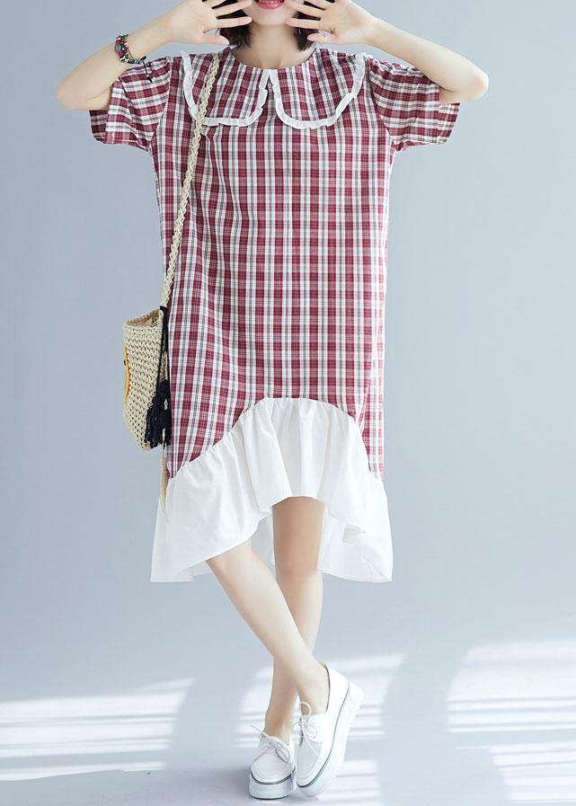 Patchwork Linen Clothes for Sleeve Red Plaid Dress Summer