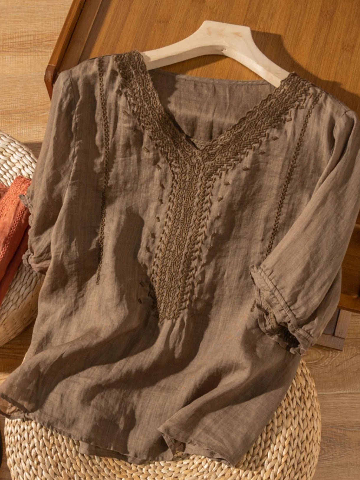 Color V Neck Short Sleeve Linen Top