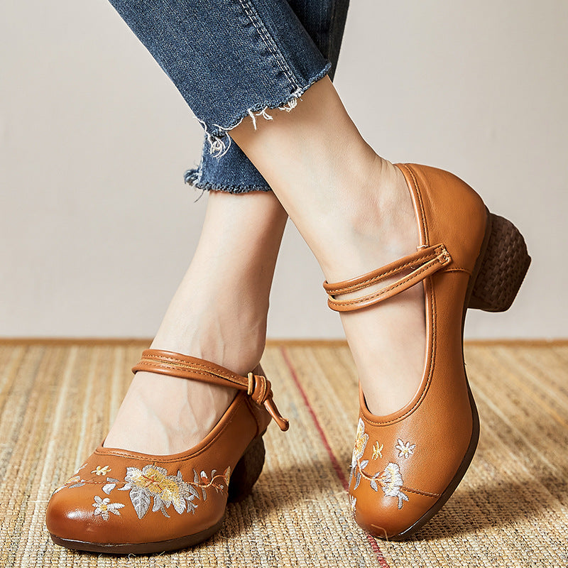 Autumn Leather Retro Flowerpump Shoes