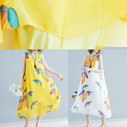 Art O Neck False Two Pieces Chiffon Dresses White Print Dresses Summer