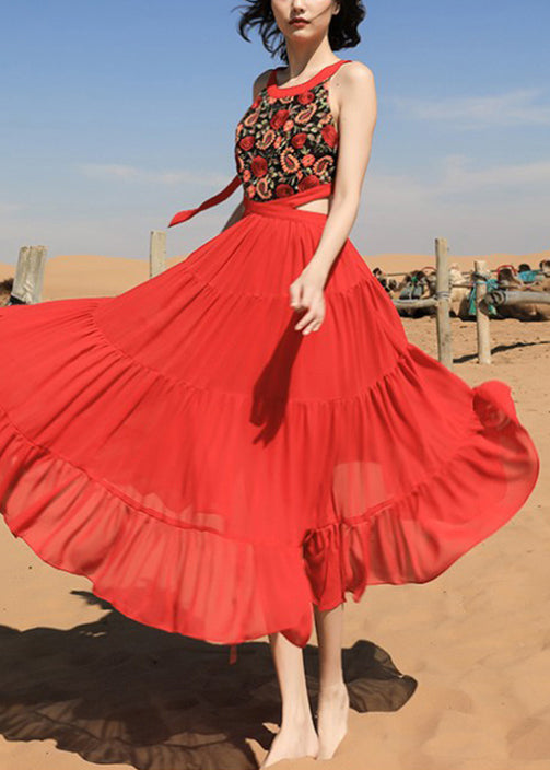 Red Embroidered Lace Up Chiffon Long Dress Sleeveless