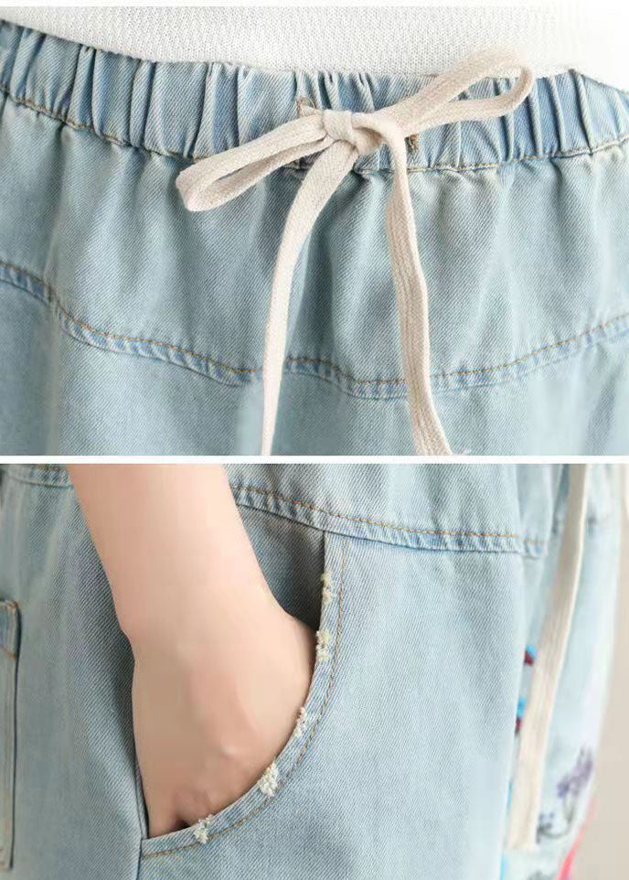 Light Blue Embroideried Pockets A-line Summer Denim Skirts