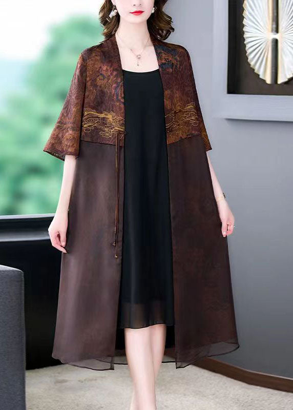 Coffee Tasseled Print Patchwork Silk Cardigan Summer