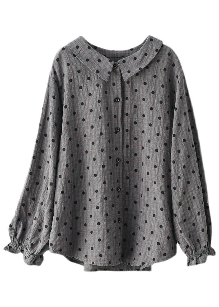 Grey Button Ruffled Dot Fall Shirt Tops Long Sleeve