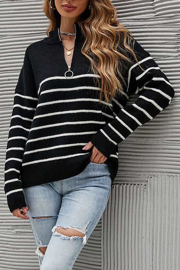 Striped Colorblock High Neck Zip Sweater