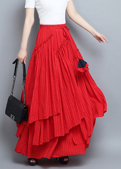 Red Asymmetrical Tie Waist Pleated Skirt