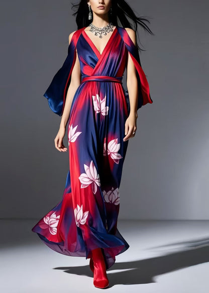 Navy Cold Shoulder Tie Dye Chiffon Dresses Summer